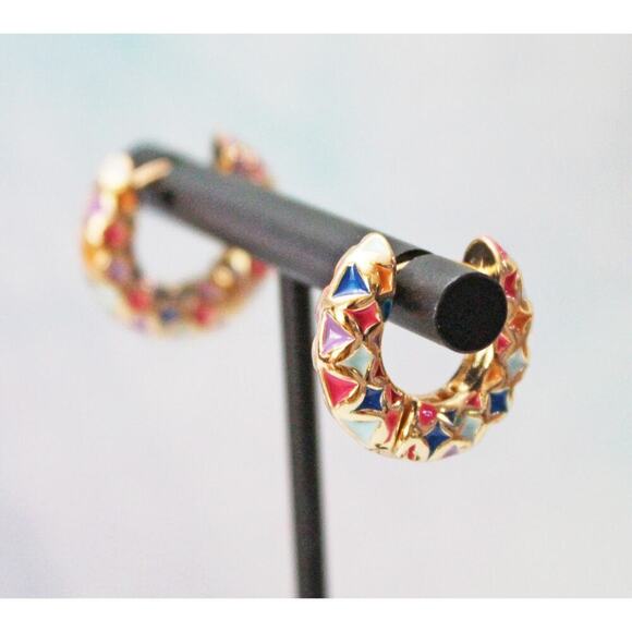 Small Huggies Earrings with Multi Colored Enamel Coloring E141 - Picture 2 of 3